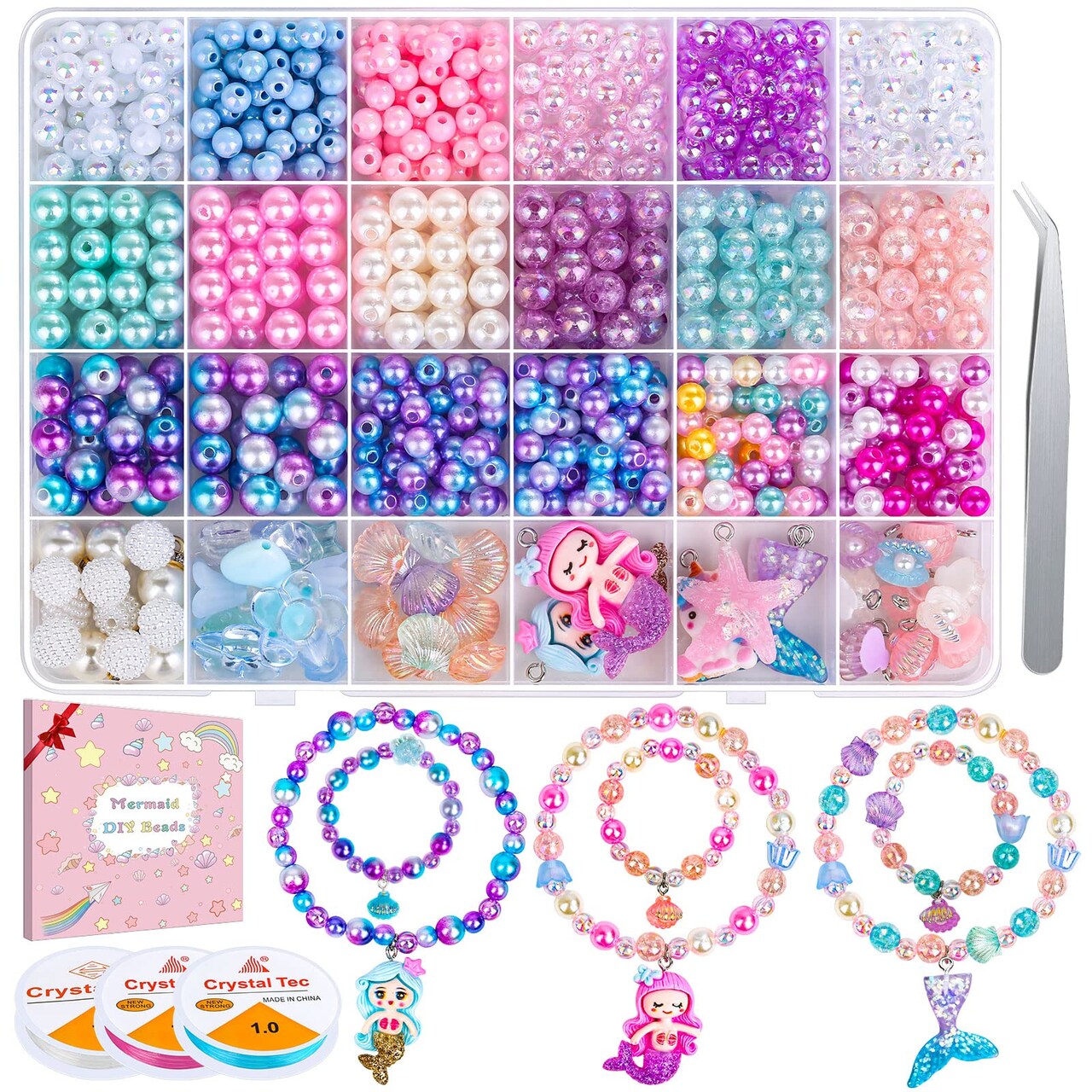802Pcs Mermaid Beads Jewelry Making Kit, Mermaid-Inspired Beads & Charms Set with Elastic Strings and Tools, Bracelet & Necklace Craft Supplies (802 Pieces)